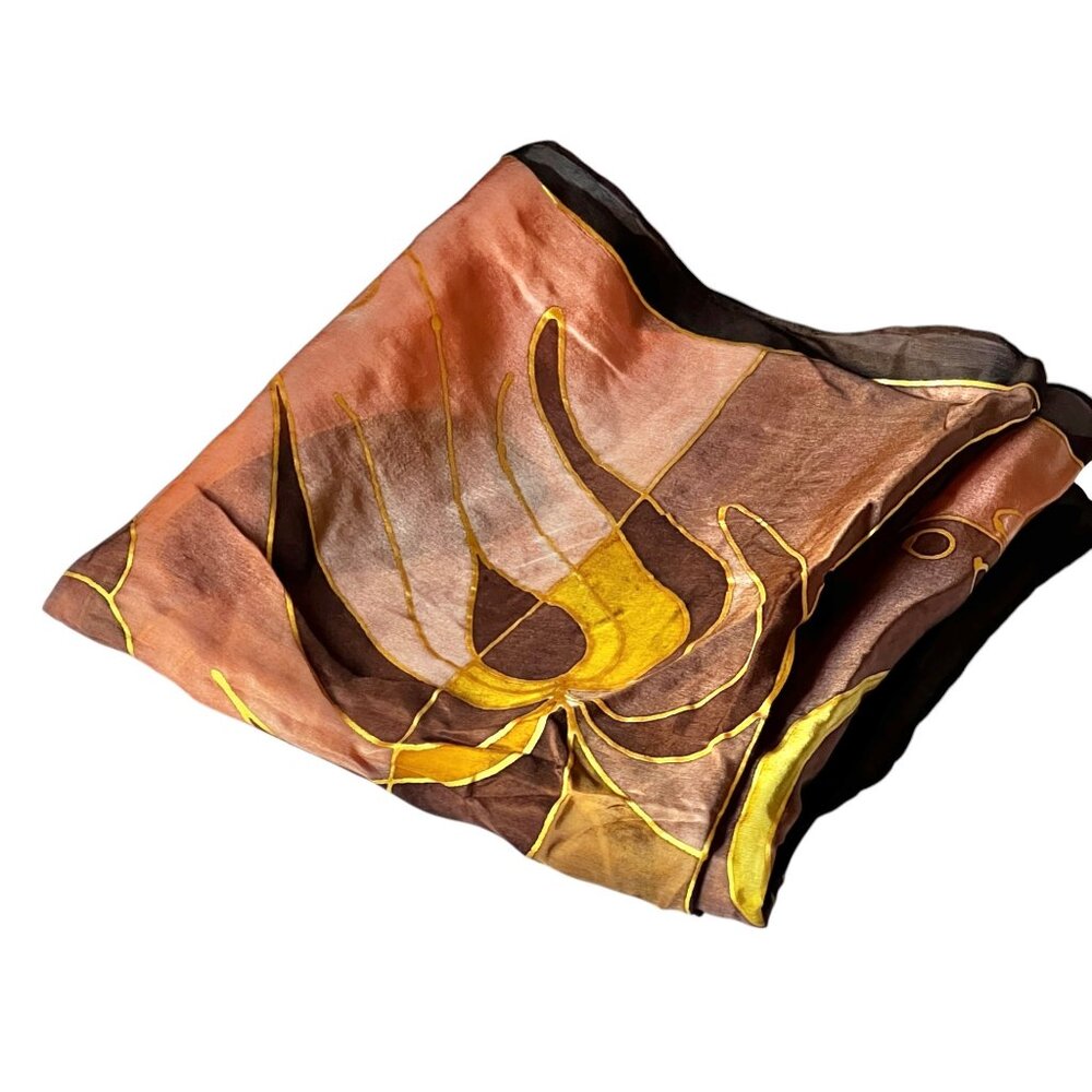 Hand-Painted Silk Scarf Abstract Floral Brown Gold Peach Black 57x16 Rolled Hem
